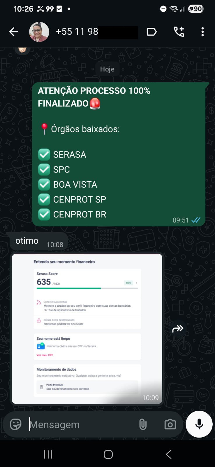Resultado de cliente - Score limpo e nome regularizado