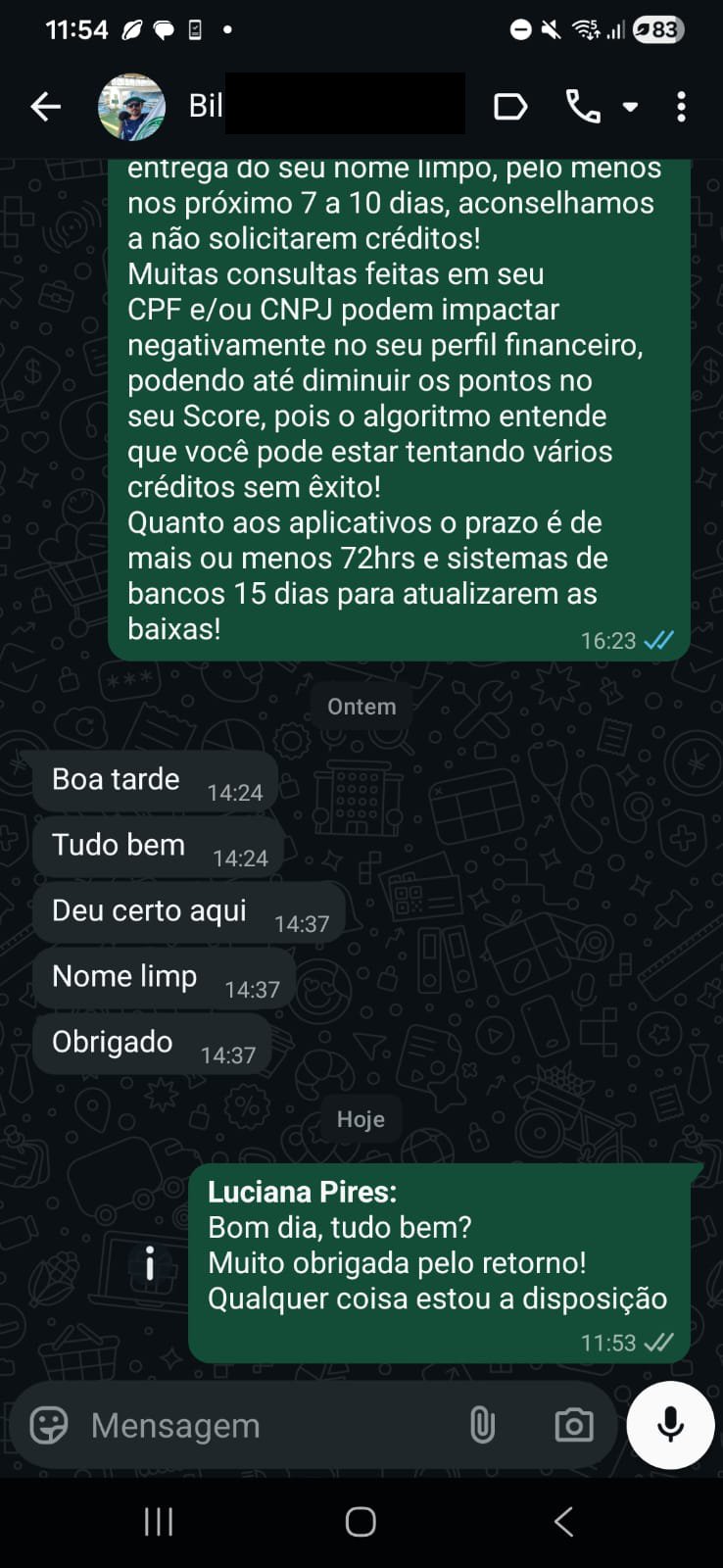 Resultado de cliente - Nome limpo confirmado